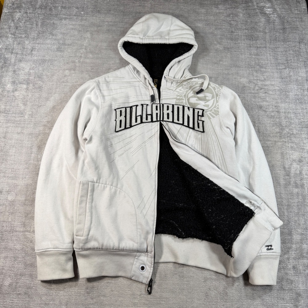 Billabong Sweatshirt Men XL White Full Zip Hoodie Sherpa Lined Surf Skater Y2K